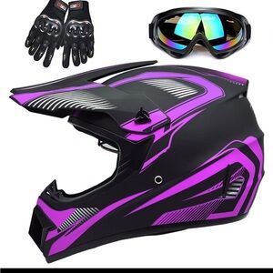 NEW 4 wheeler Motocross Motorcycle Purple and Black Helmet + Goggles and Gloves